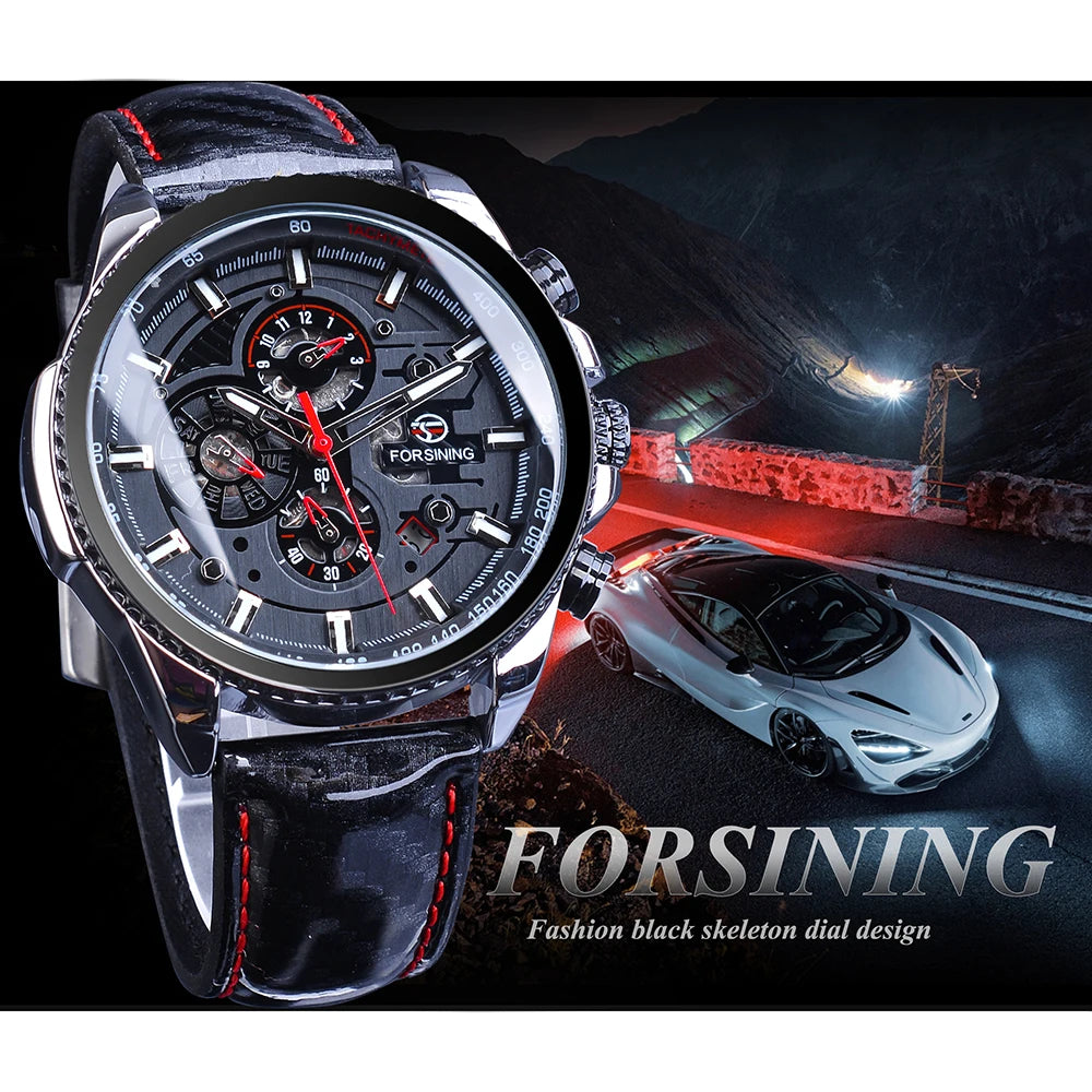 Forsining Watch Men Sport Mechanical Wristwatch Automatic Self-Wind Clock Date 3 Dials Shiny Leather Business Waterproof Relogio