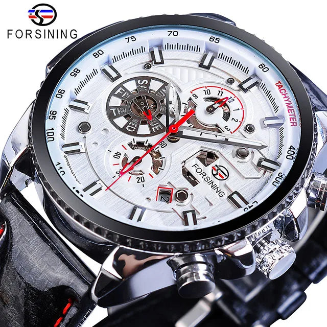 Forsining Watch Men Sport Mechanical Wristwatch Automatic Self-Wind Clock Date 3 Dials Shiny Leather Business Waterproof Relogio