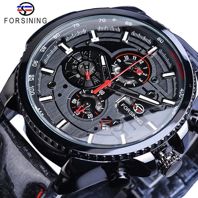 Forsining Watch Men Sport Mechanical Wristwatch Automatic Self-Wind Clock Date 3 Dials Shiny Leather Business Waterproof Relogio