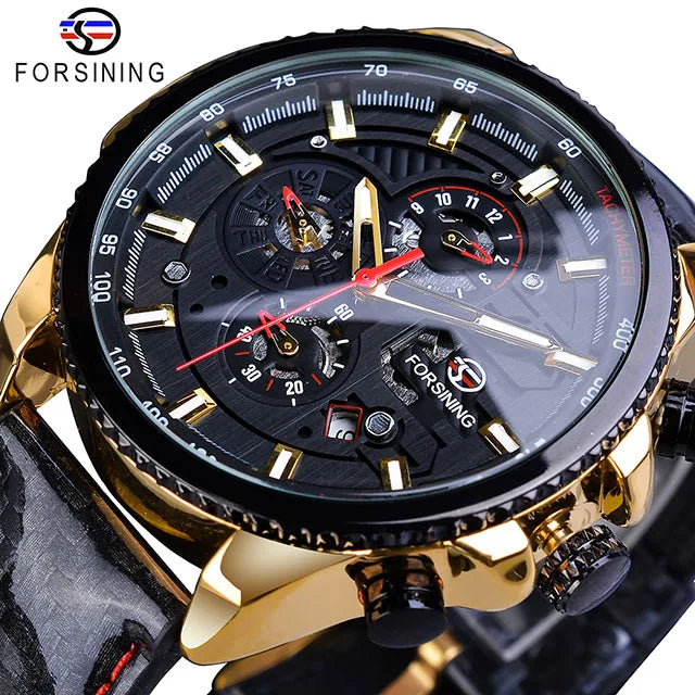 Forsining Watch Men Sport Mechanical Wristwatch Automatic Self-Wind Clock Date 3 Dials Shiny Leather Business Waterproof Relogio