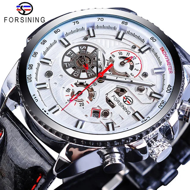 Forsining Watch Men Sport Mechanical Wristwatch Automatic Self-Wind Clock Date 3 Dials Shiny Leather Business Waterproof Relogio