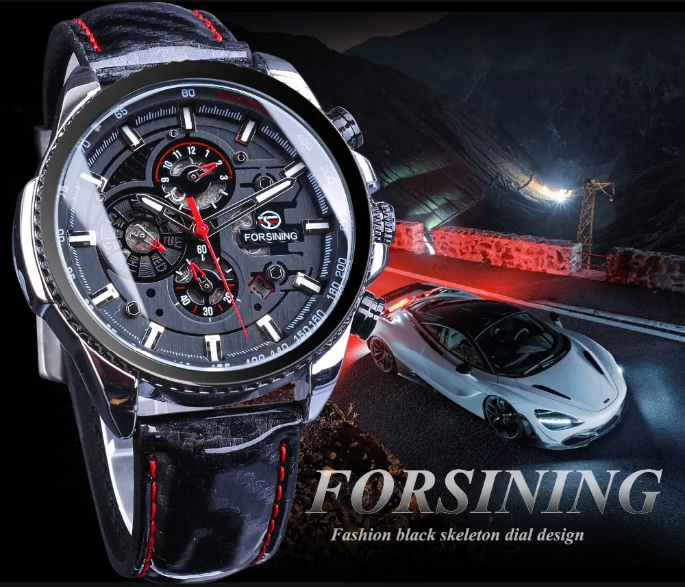 Forsining Watch Men Sport Mechanical Wristwatch Automatic Self-Wind Clock Date 3 Dials Shiny Leather Business Waterproof Relogio