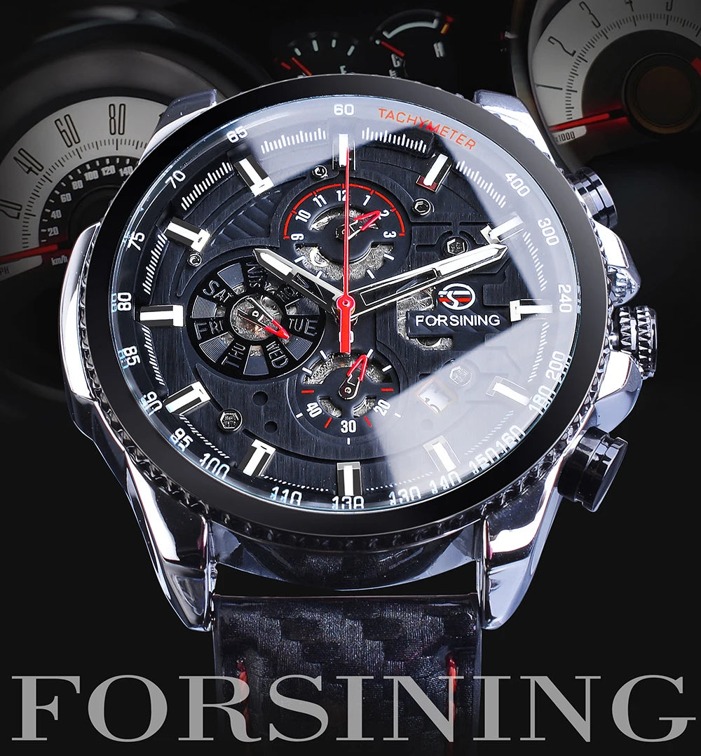 Forsining Watch Men Sport Mechanical Wristwatch Automatic Self-Wind Clock Date 3 Dials Shiny Leather Business Waterproof Relogio