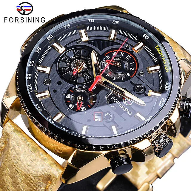 Forsining Watch Men Sport Mechanical Wristwatch Automatic Self-Wind Clock Date 3 Dials Shiny Leather Business Waterproof Relogio