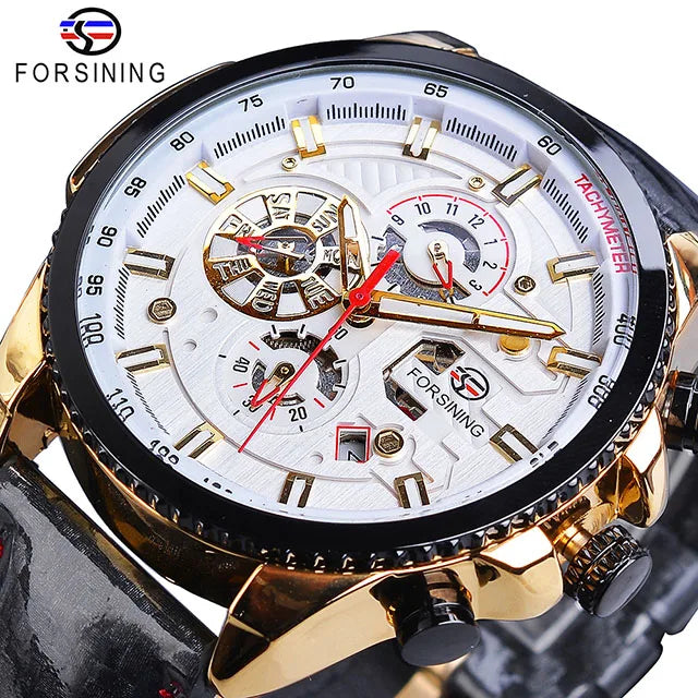 Forsining Watch Men Sport Mechanical Wristwatch Automatic Self-Wind Clock Date 3 Dials Shiny Leather Business Waterproof Relogio