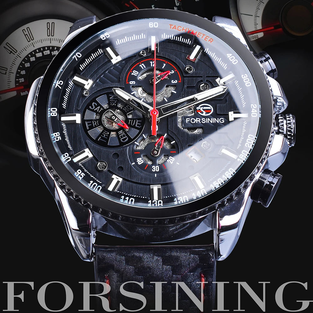 Forsining Watch Men Sport Mechanical Wristwatch Automatic Self-Wind Clock Date 3 Dials Shiny Leather Business Waterproof Relogio