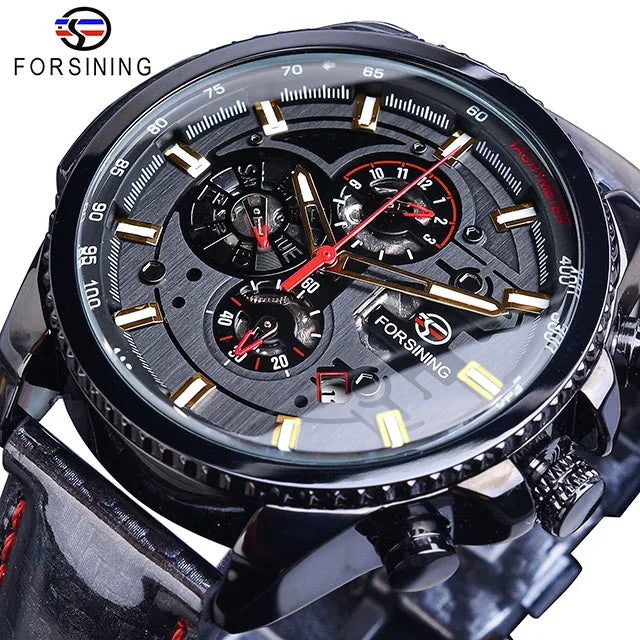 Forsining Watch Men Sport Mechanical Wristwatch Automatic Self-Wind Clock Date 3 Dials Shiny Leather Business Waterproof Relogio