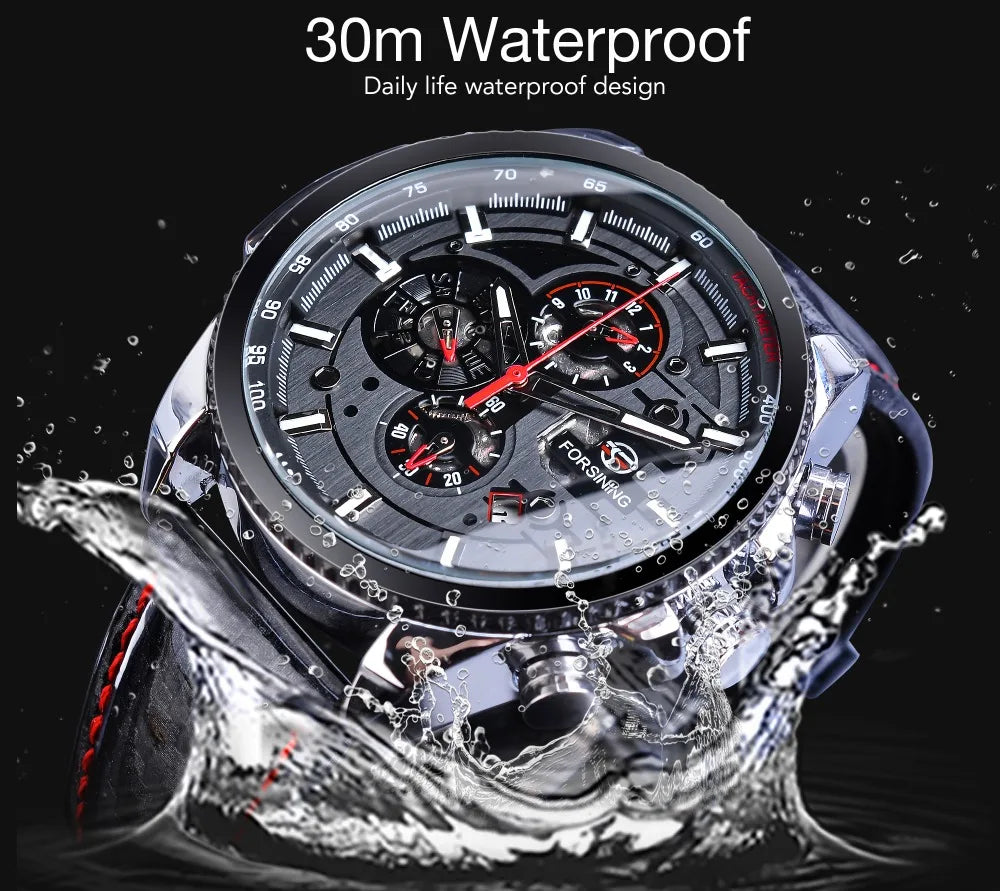 Forsining Watch Men Sport Mechanical Wristwatch Automatic Self-Wind Clock Date 3 Dials Shiny Leather Business Waterproof Relogio