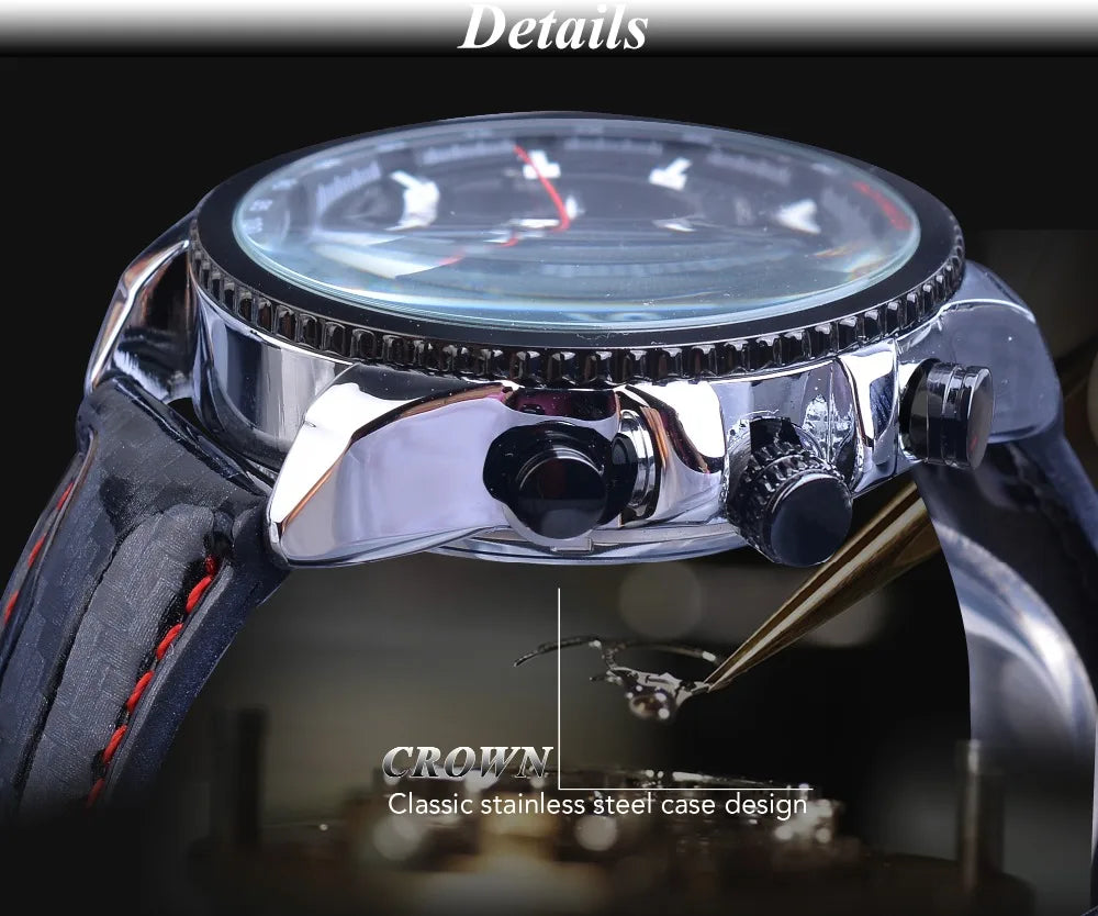 Forsining Watch Men Sport Mechanical Wristwatch Automatic Self-Wind Clock Date 3 Dials Shiny Leather Business Waterproof Relogio