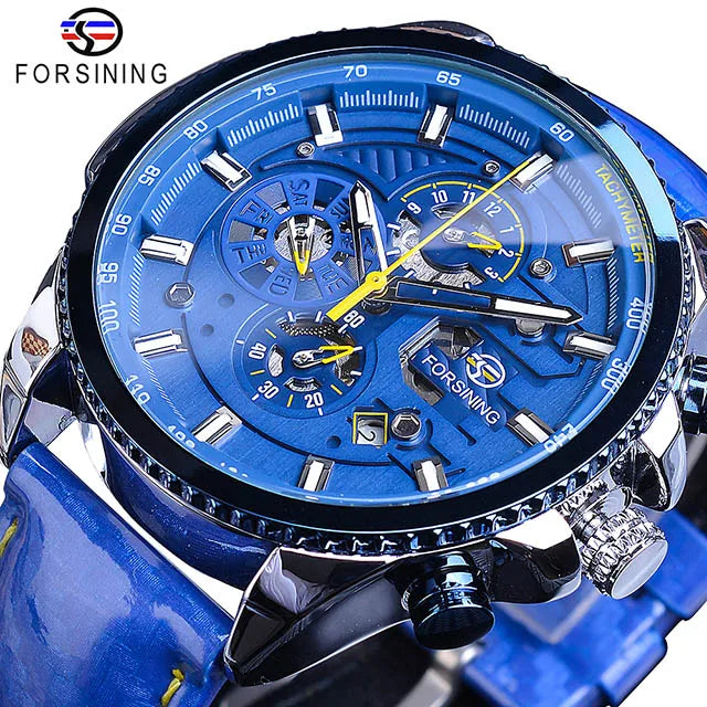 Forsining Watch Men Sport Mechanical Wristwatch Automatic Self-Wind Clock Date 3 Dials Shiny Leather Business Waterproof Relogio